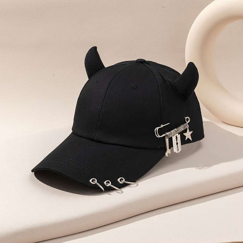 1pc Street Style Hip-Hop Baseball Cap with Unique Horn Accents Safety Pins Charms 100% Polyest