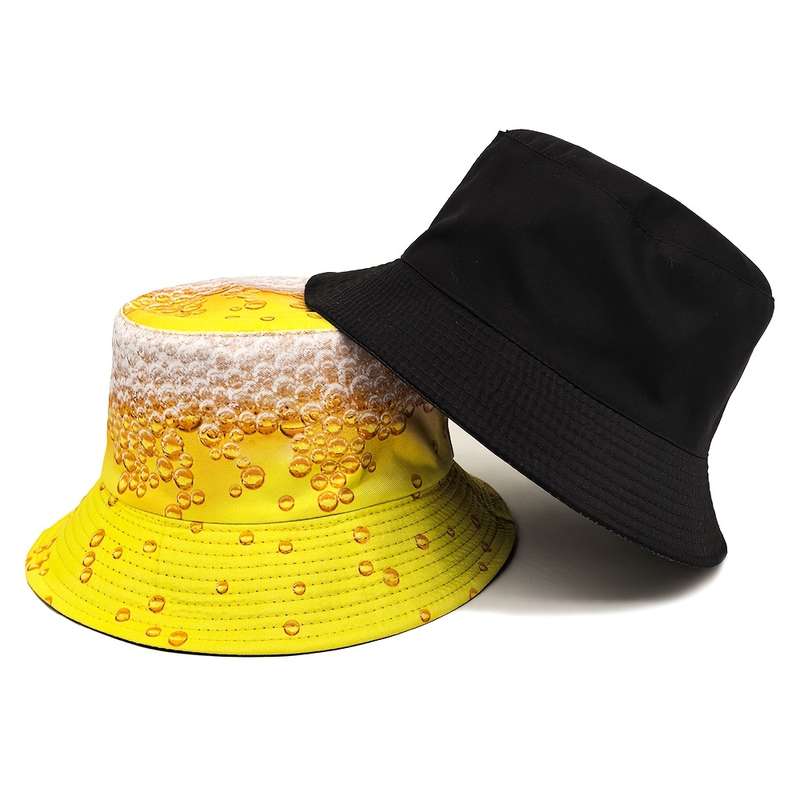 1pc MIACAWOR Reversible Beer Print Bucket Hat Vibrant Yellow Orange Double-Sided Design Lightw