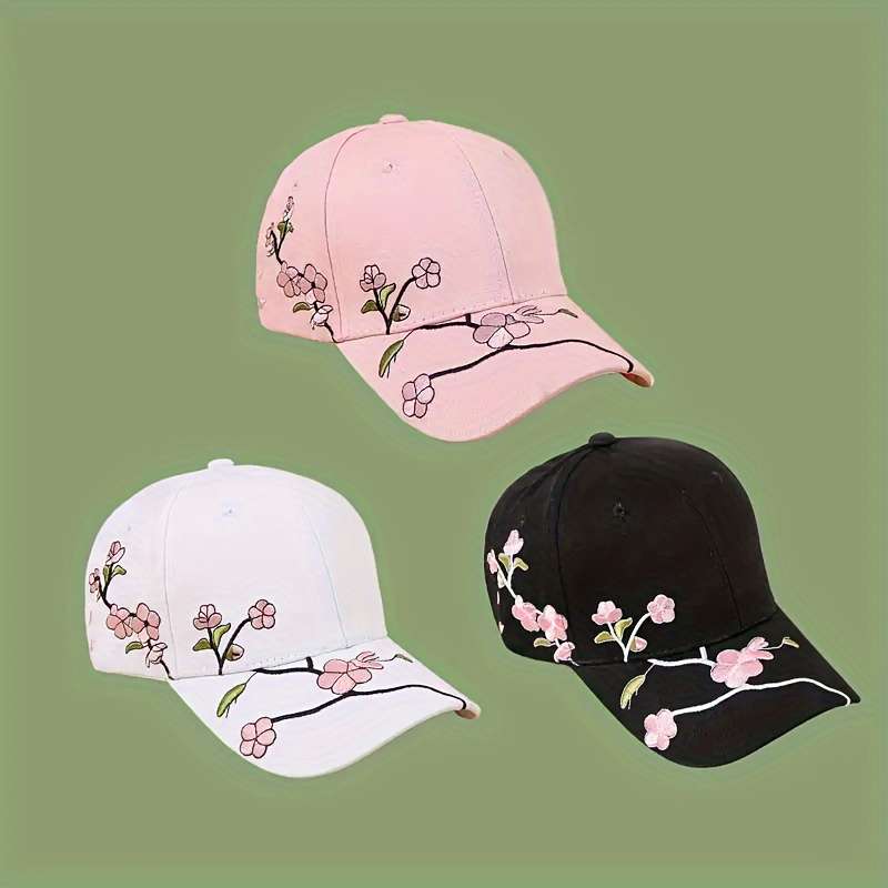 Hat Black Plum Blossom Embroidered Baseball Cap Add Pink Plum Blossom Embroidered Baseball Cap