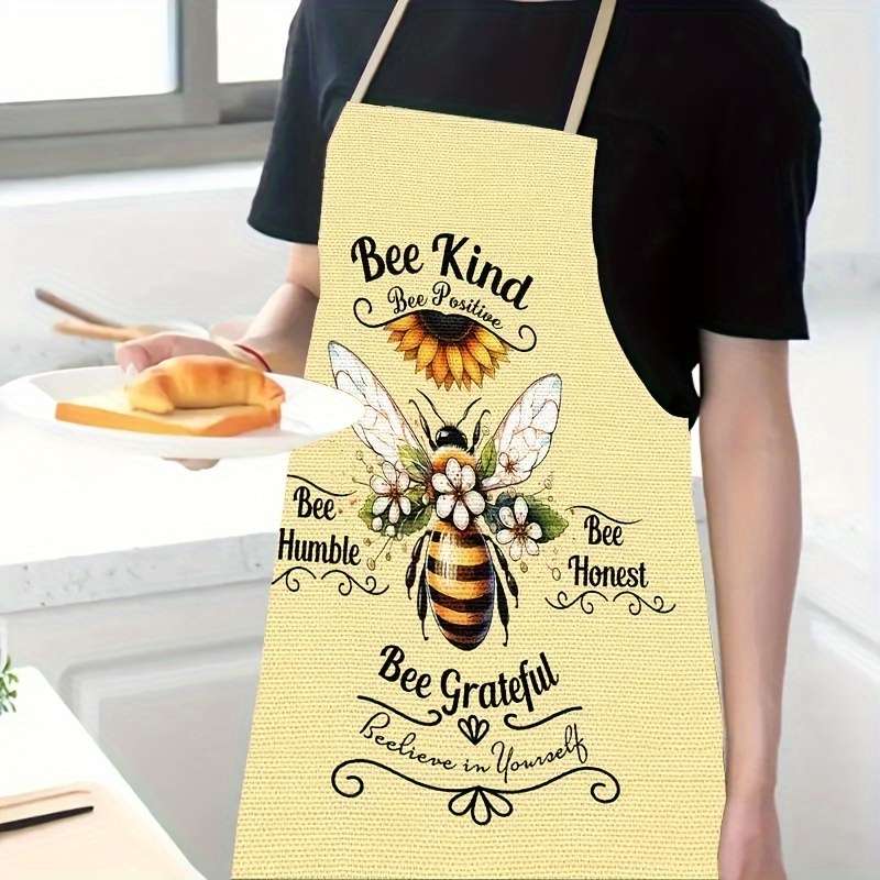 Set of 1 Bee-Themed Linen Apron Sleeveless Cooking Apron with Positive Affirmations Print Wov