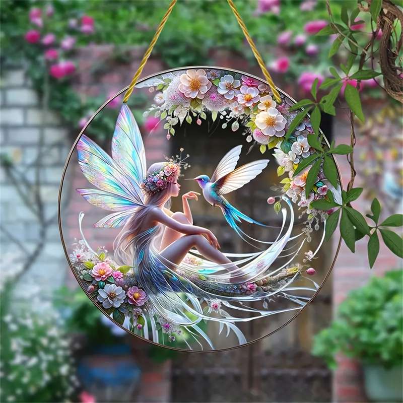 1pc 2D Flat  Glam Acrylic Fairy And Hummingbird Hanging Ornament Waterproof Scratch Resistant N