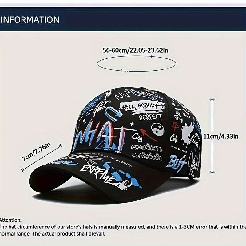 1pc Graffiti Print Hip-Hop Baseball Cap 100% Polyester Lightweight Party Hat with PVC Coating Non