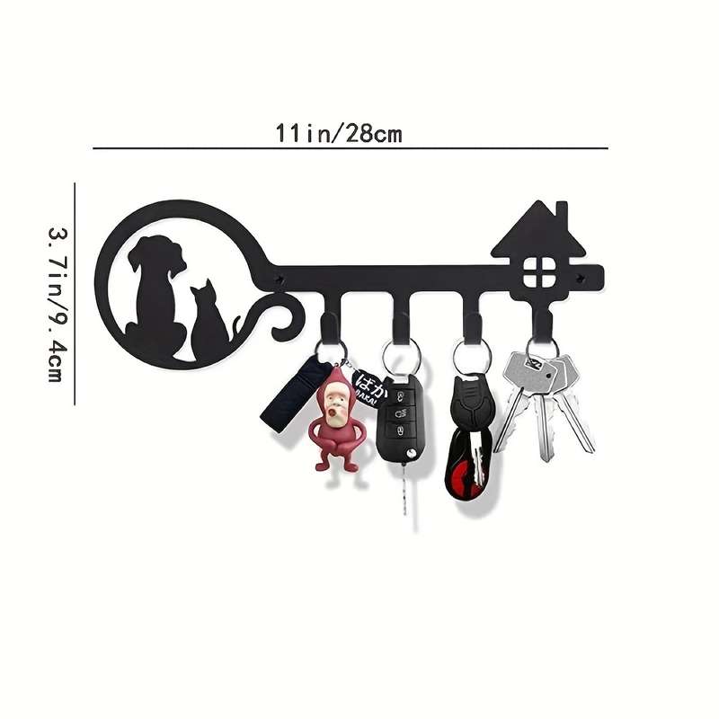 1pc Decorative Black Metal Key Holder 11-inch Cat And Dog Silhouette 4 Hooks Wall Mount