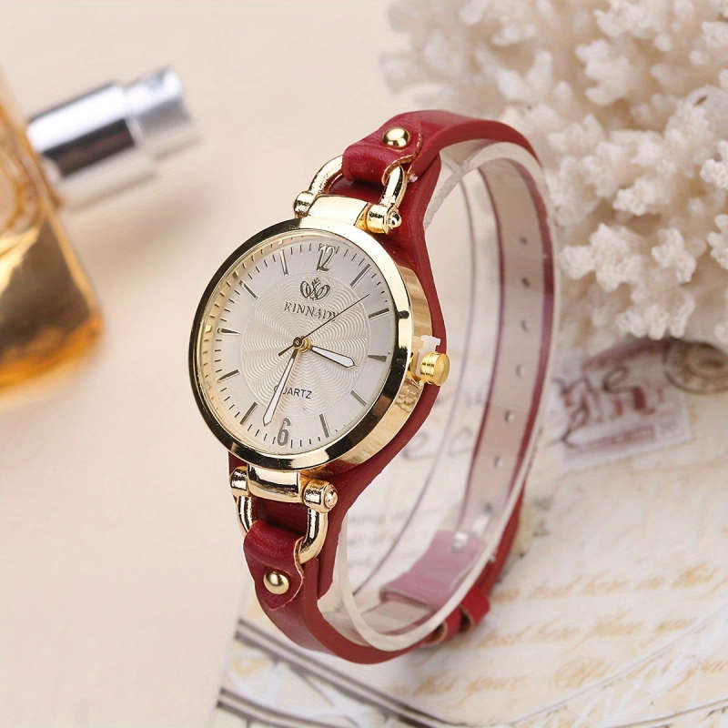 1pc Elegant Women's Quartz Watch Minimalist Brown Faux Leather Strap Golden-Tone Case White Dial Non