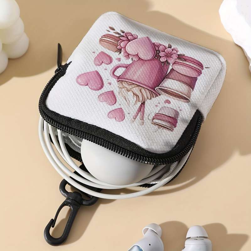 1pc Charming Pink Coffee Heart Pattern Mini Wallet Portable Organizer for Keys Cards Small I