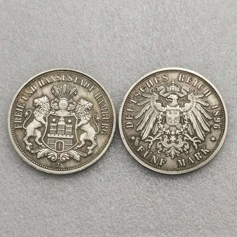 1896 J German Hamburg 5 Mark Silver Relica Coin