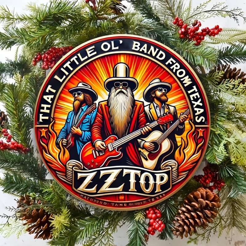 1pc 2D Flat Round 20.32x20.32 cm Vintage ZZ Top Aluminum Round Sign es Fiery Texas Band Desig