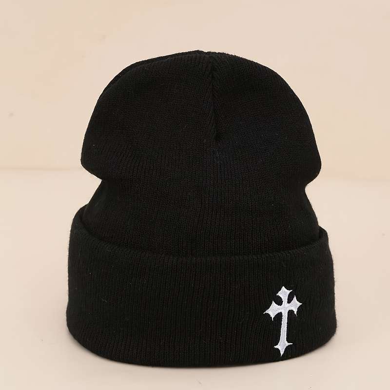 1pc 100% Acrylic Beanie Elastic Fit Embroidered Dark Cross Knit Beanie Unisex Thick Knitted Skul