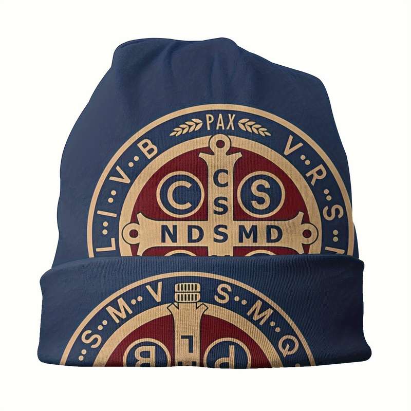 1pc Men's Saint Benedict Medal Print Skull Cap Royal Style Polyester Knit Beanie with Elastane Str