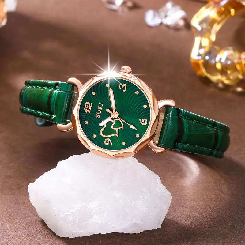 1pc Ladies Fashionable Casual Quartz Watch with Peach Shaped Dial and 5pcs Heart Necklace Earrings