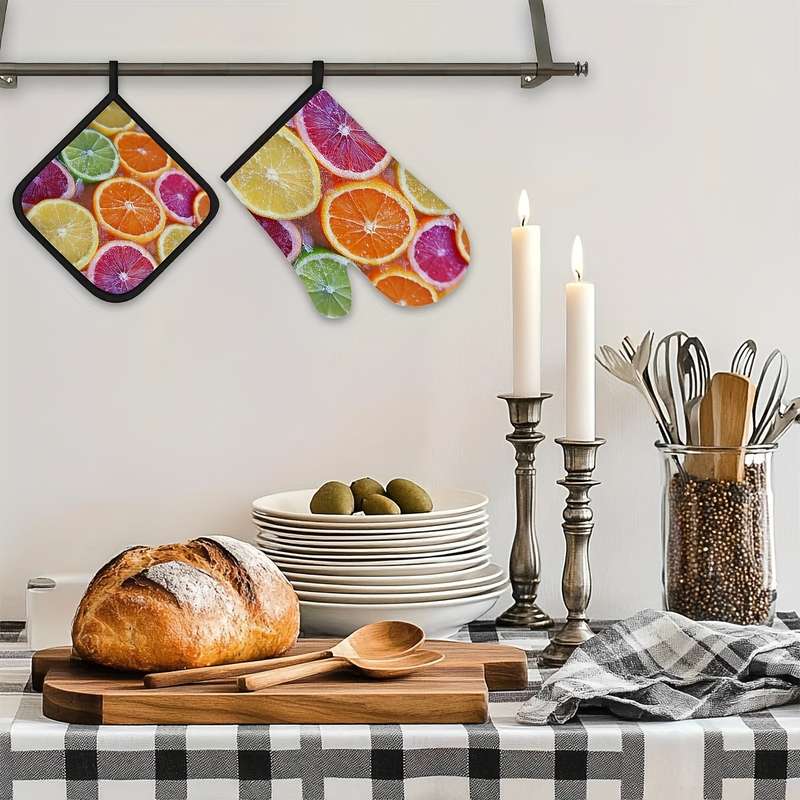 2pcs Citrus Fruit Slices Pattern Oven Mitts and Pot Holders Set Heat Resistant Microwave Glov