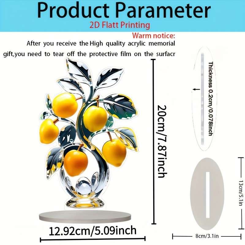 1pc 2D Flat  Printing  Bohemian Style Acrylic Lemon Tree Decor with Base Vibrant 3D Ornament f