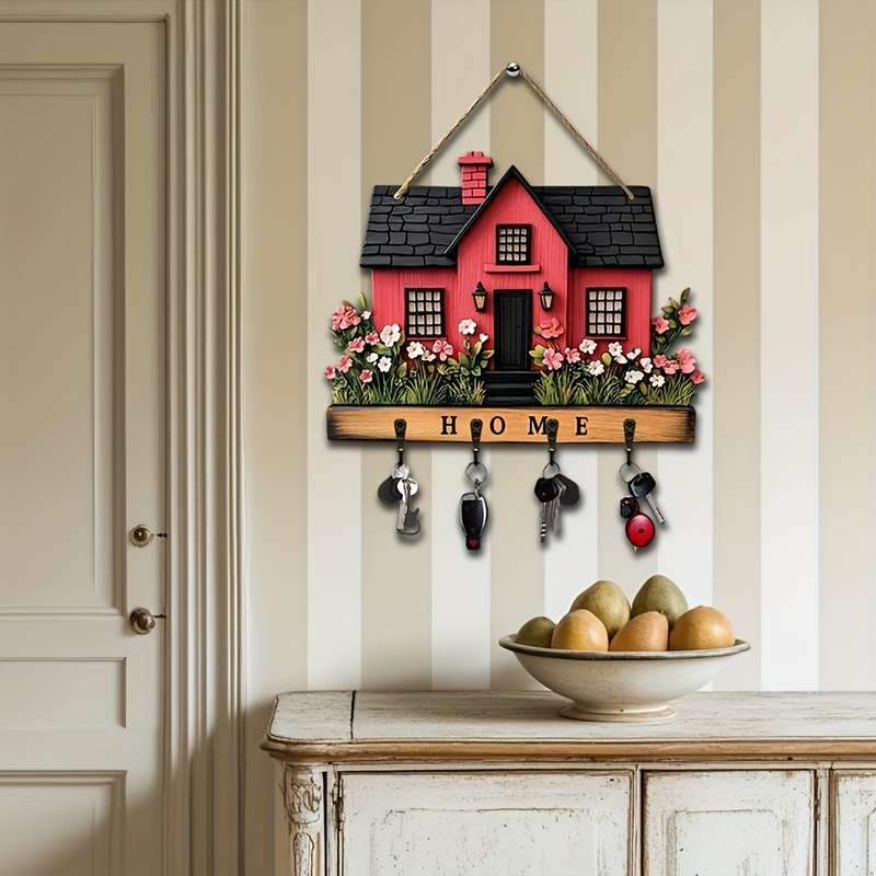 1pc romantic flowers and red house wooden key hanger key storage with hooks four-season multi-fun