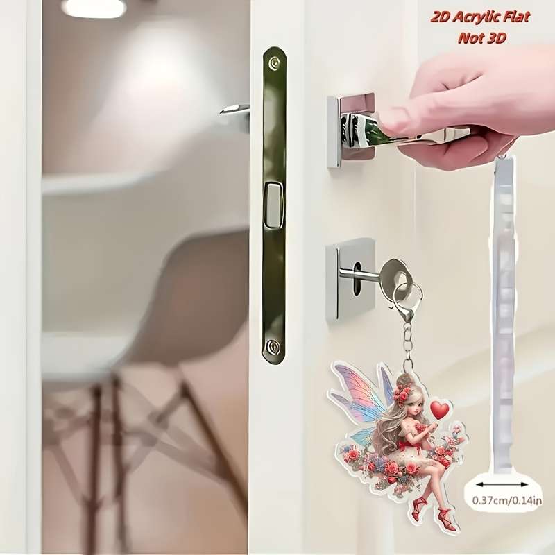 1pc 2D Flat  anime-style acrylic fairy keychain with heart and butterfly design floral wreath art d
