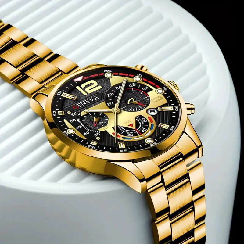 Set Of 4 Pieces Including A Men's Business Casual Calendar Watch A Golden Cross Necklace A Bracelet