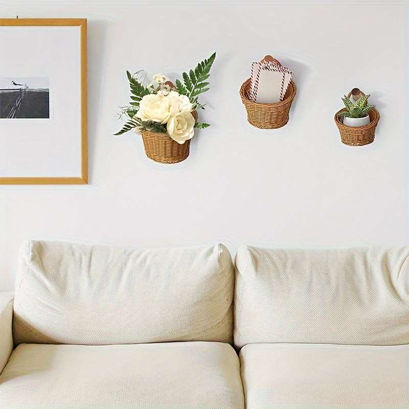 3pcs set (L+M+S) Imitation Rattan Wall Storage Basket Woven Hanging Baskets Kitchen Ginger Ga