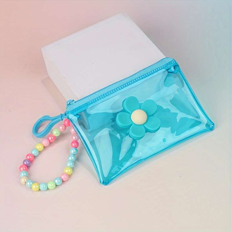 1pc Trendy Transparent PVC Coin Purse with Beaded Chain Compact Key Card Holder Zip Closure E