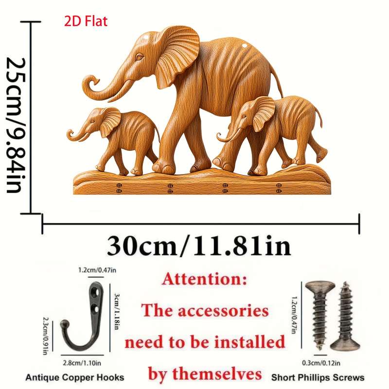 1pc Elephant Simple Colorful Wooden Keychain with Four Metal Hooks 30.0cm x 24.99cm 2D Farmhouse