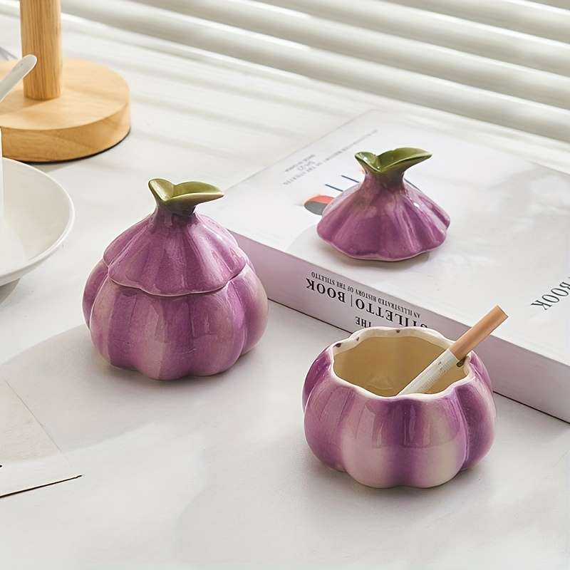 1pc Art Deco Style Garlic-Shaped Ceramic Ashtray Round Home Decor Trinket Simple Design No E