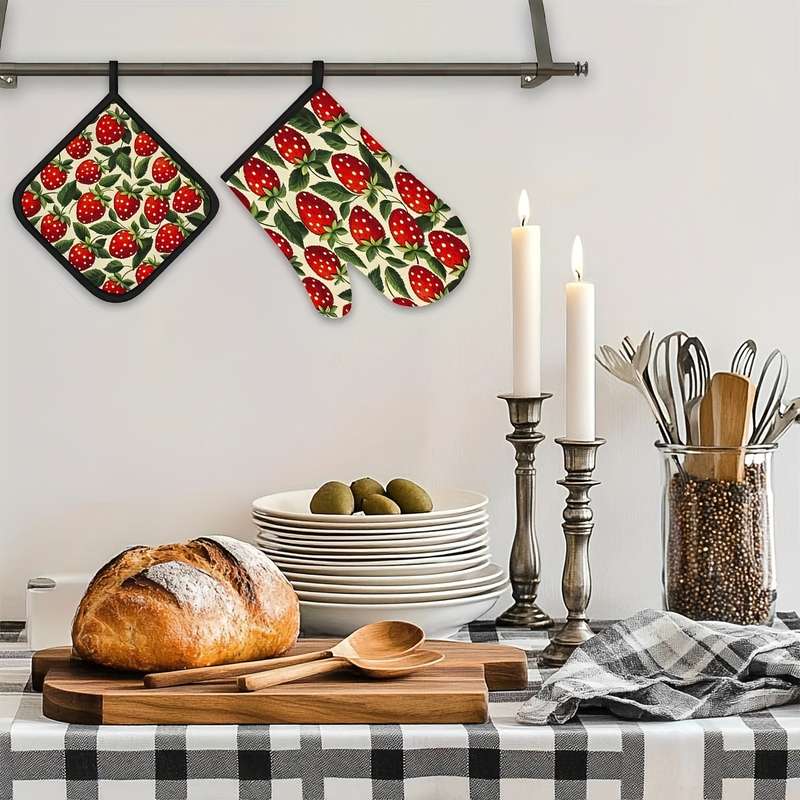 2pcs Vintage Strawberry Kitchen Mitts Pot Holders Set Heat Resistant Microwave Gloves Pa