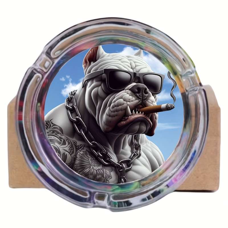 Glass Ashtray Bulldog Design with Fashion Glasses Cigar Illustration Multi-Color Round S