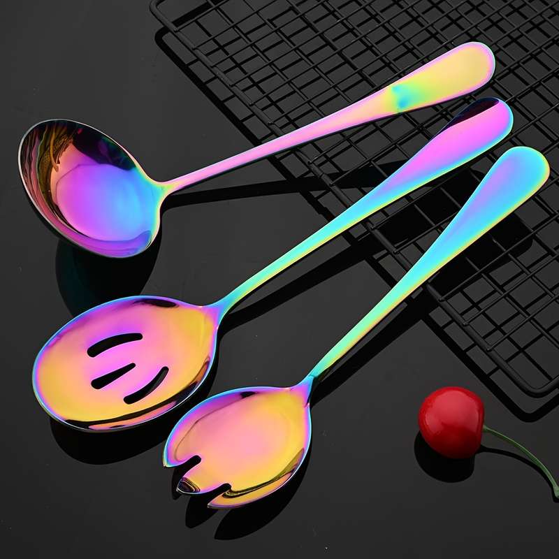 5pcs Colorful Stainless Steel Utensil Set Soup Spoon Ladle Salad Fork Cake Server Kitchen