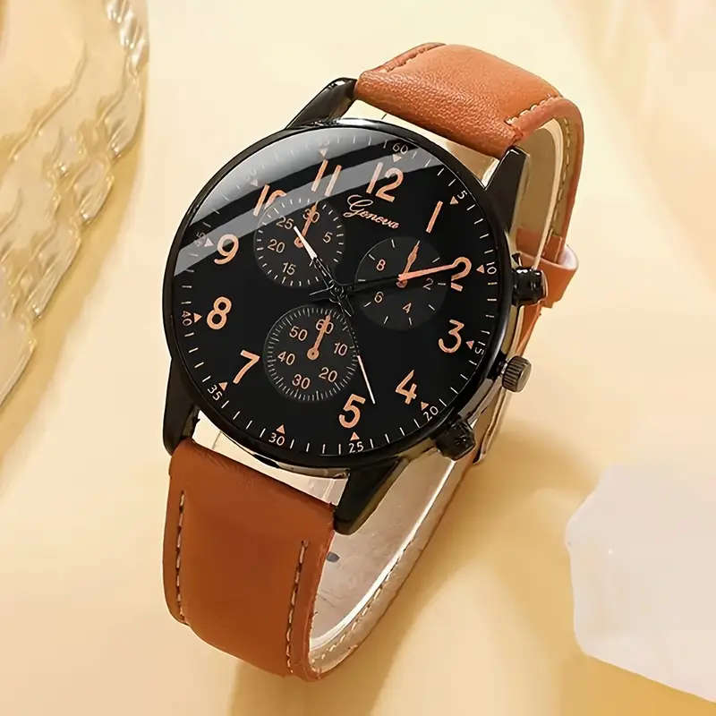 Men Watch 2pcs Set Men's Casual Quartz Wristwatch with Khaki Faux Leather Strap
