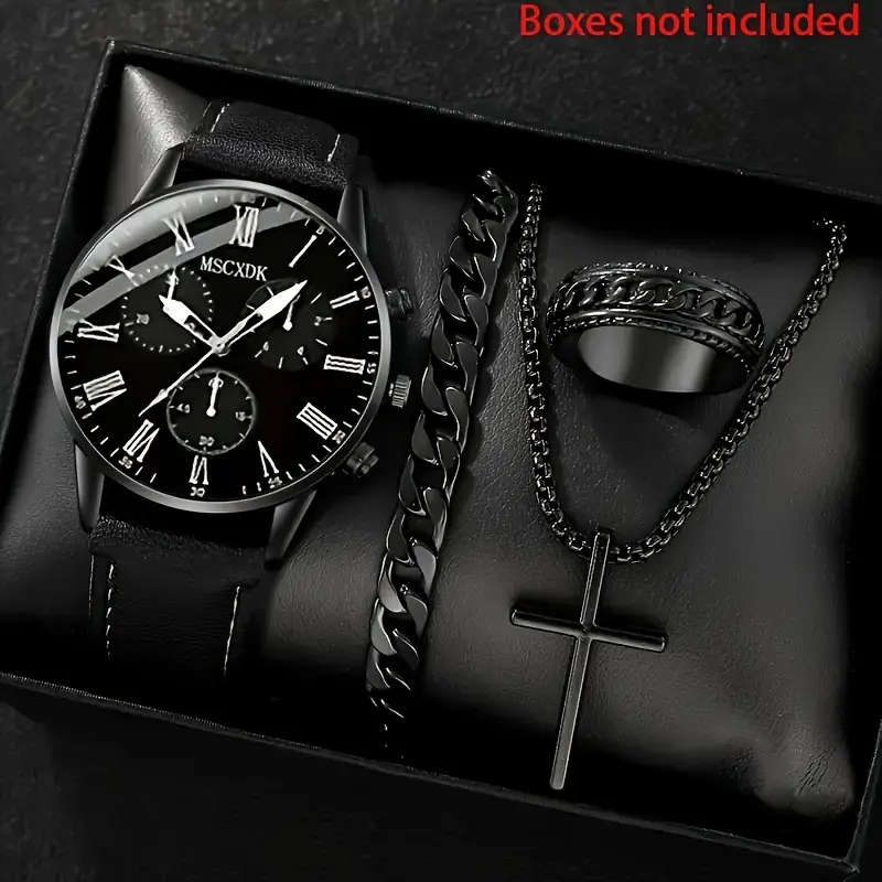 1pc Round Men's Quartz Watch 1pc Bracelet 1pc Necklace Set