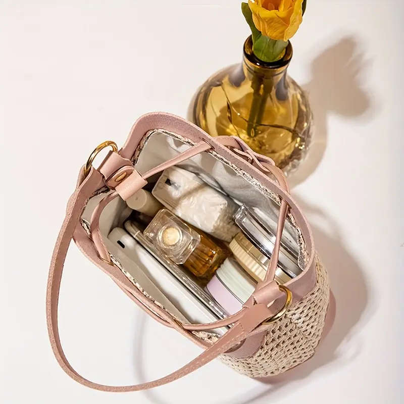 1pc Chic Hollow-Out Bucket Bag for Women Korean Style Woven Crossbody  Shoulder Bag in Beige