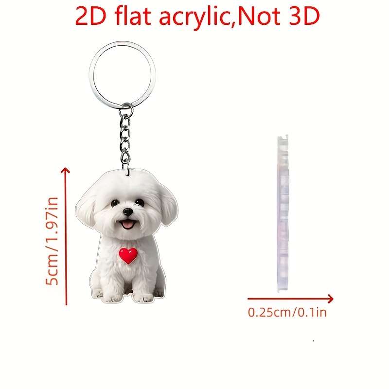 1pc 2D Flat    Cute White Dog Acrylic Keychain with Heart Charm Flat Keychain Perfect Gift