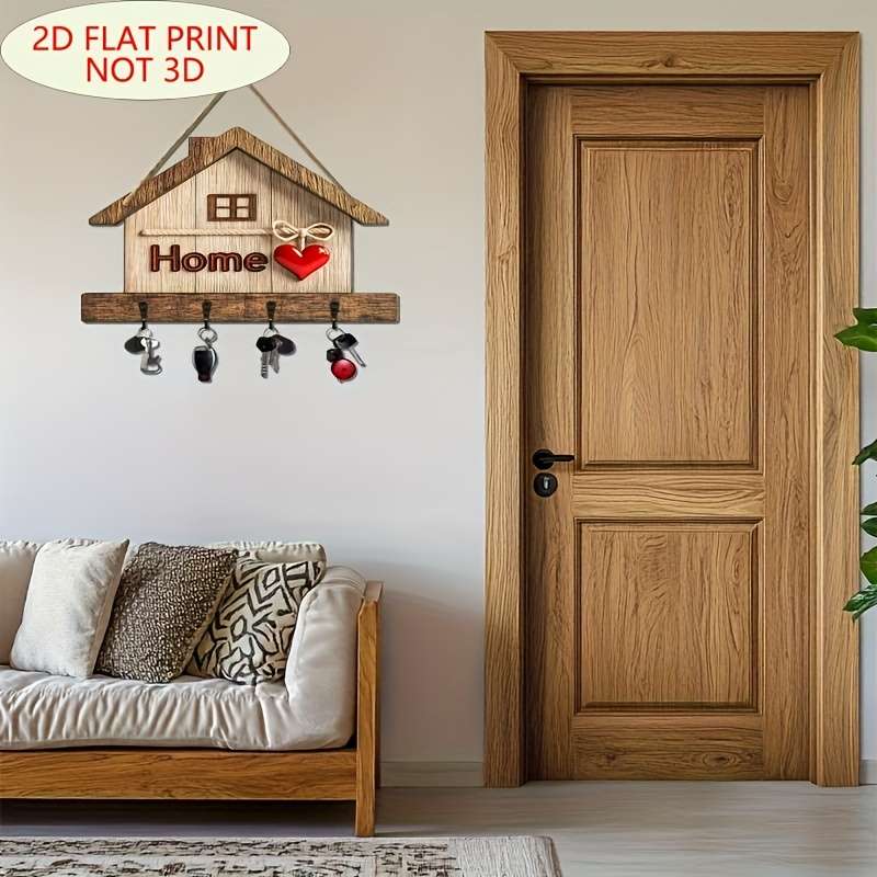 1pc Rustic Wooden Key Rack with 4 Metal Hooks Easy Wall-Mounted Installation Traditional Home Deco