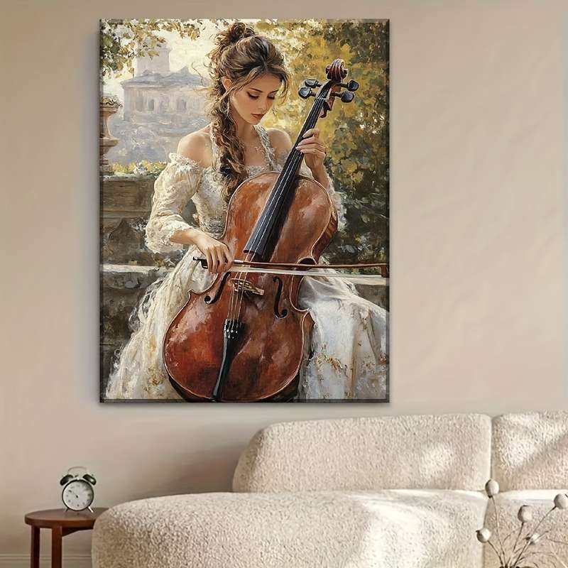 1pc Elegant Cello Player Canvas Art Print with Wood Frame Large Contemporary Musician Wall Decor