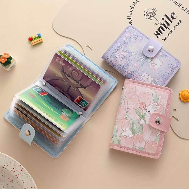 1pc Multi-Slot Cute Cartoon Rabbit Faux Leather Card Holder Casual Style Snap Closure Card Case w