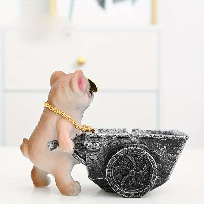 1pc Art Deco Resin Dog Ashtray with Glasses and Golden Chain Creative Decorative Pet Cart Design