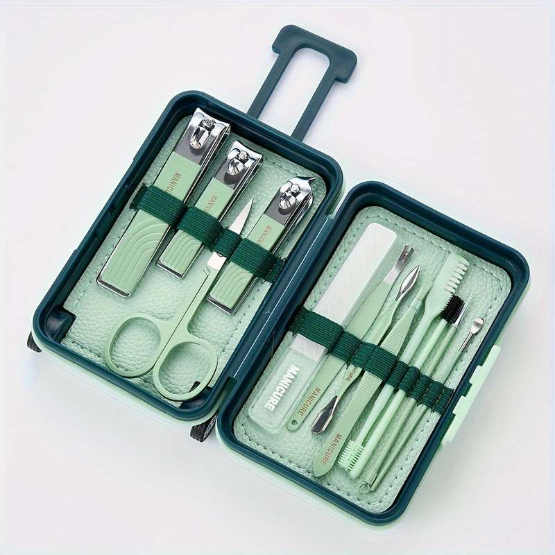 12pcs Set Modern Manicure Travel Kit Portable Trolley Case Nail Set Nail Clippers And Groomin