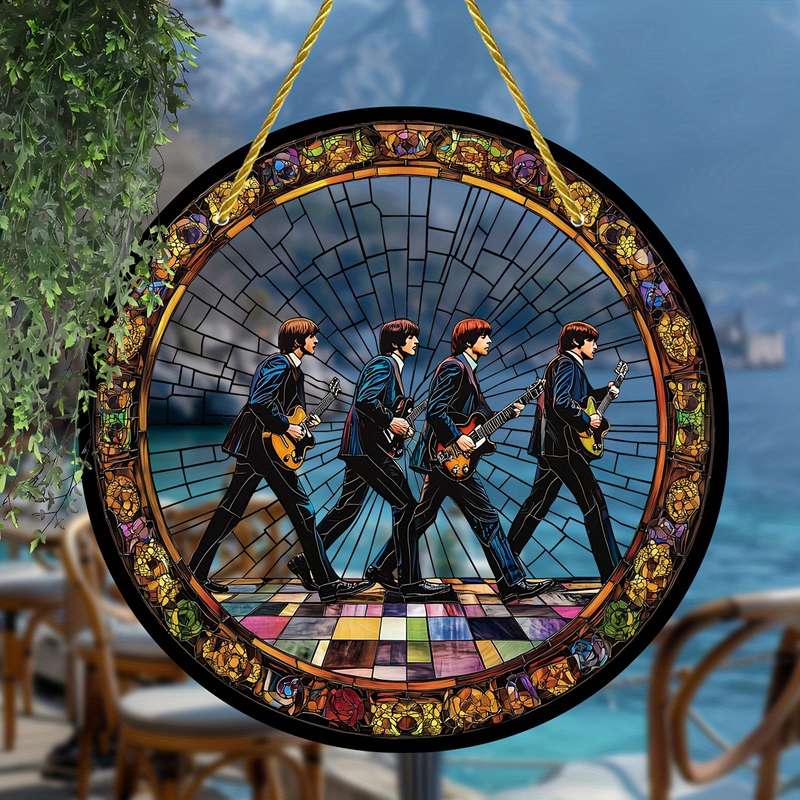 1pc 2D Flat 20.32cm Round Acrylic Sun Catcher with Stained Glass Style Iconic Beatles Design Vi