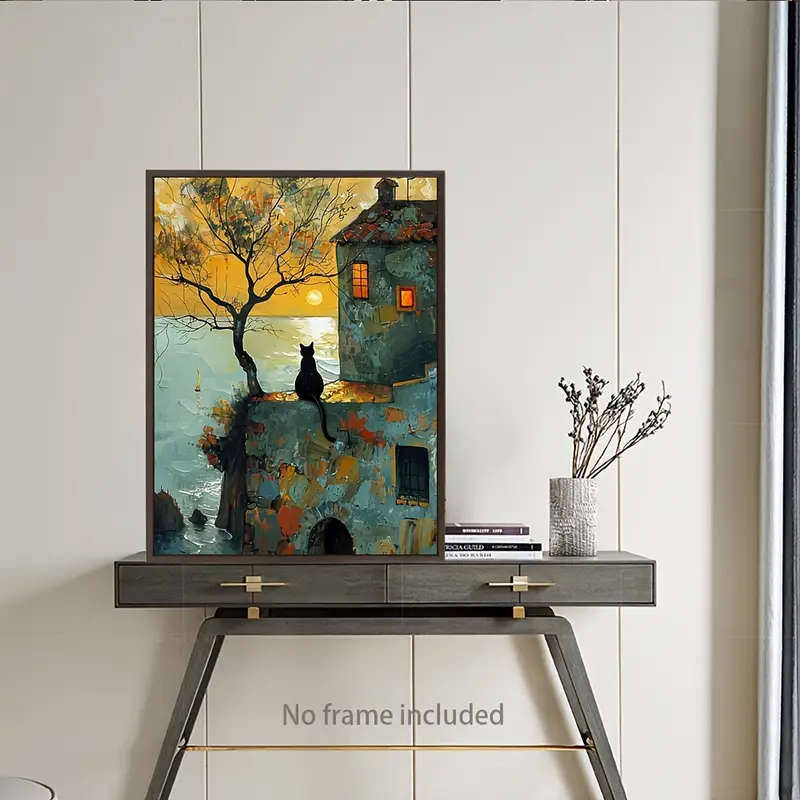 1pc Charming Black Cat Sunrise Canvas Art Painting 12x16 Inch