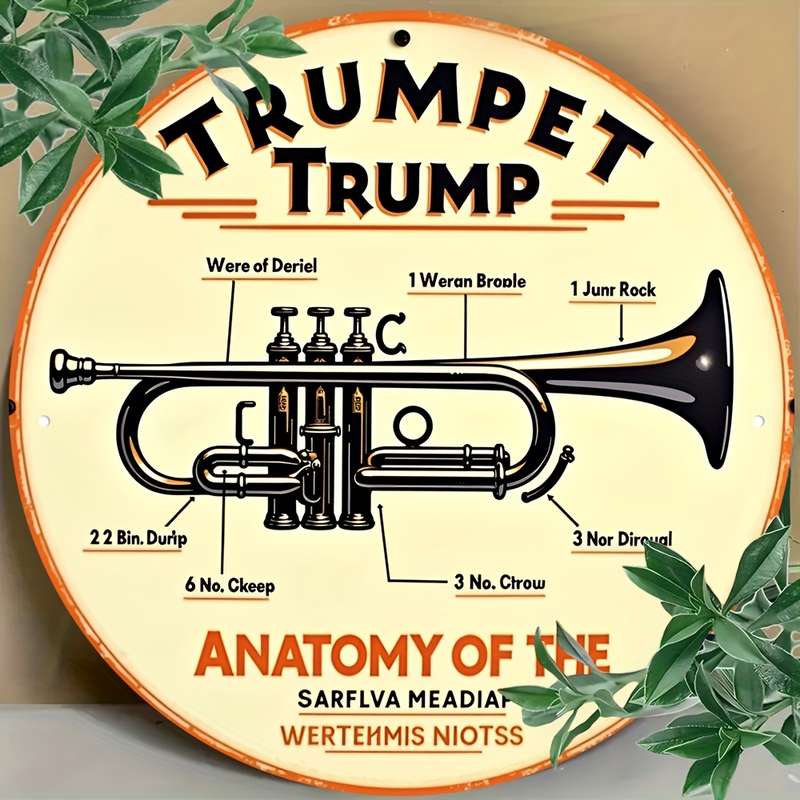 1pc Vintage Trumpet Anatomy Metal Wall Art Plaque 20.32cm Round Aluminum Decor Detailed Trumpet