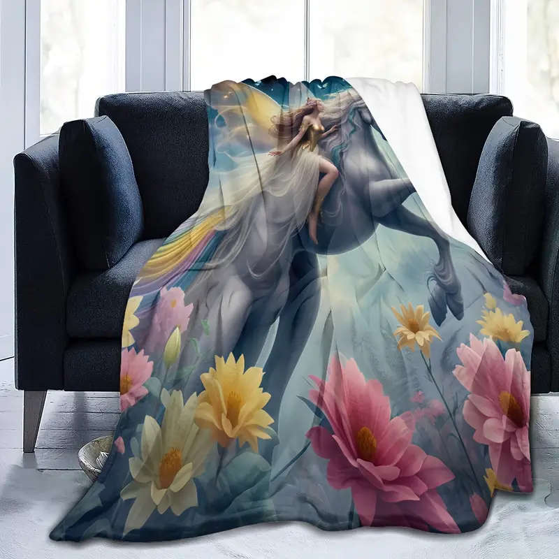 1 Romantic Unicorn and Floral Design Printed Flannel Blanket 100CM*130CM