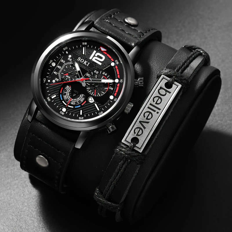 2pcs set Men's Quartz Watch SOKI Brand Casual Style with Large Numeric Dial Calendar Function Black