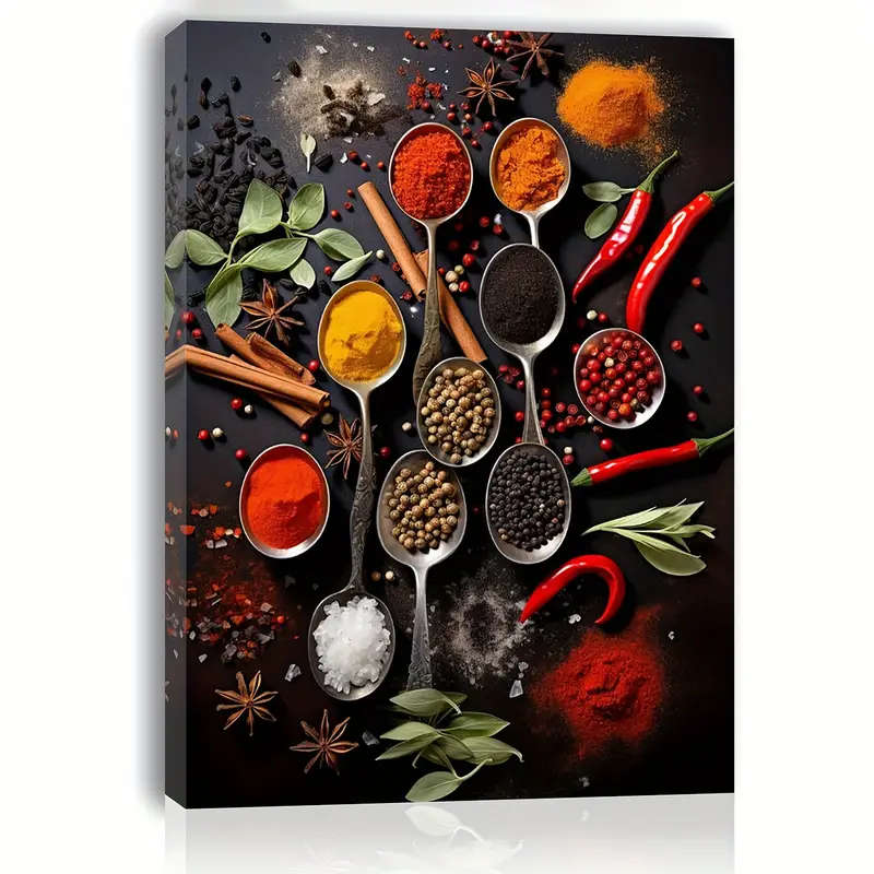 1pc Colorful Cooking Spices Canvas Wall Art Wooden Framed Print for Kitchen Living Room Bedroom Deco