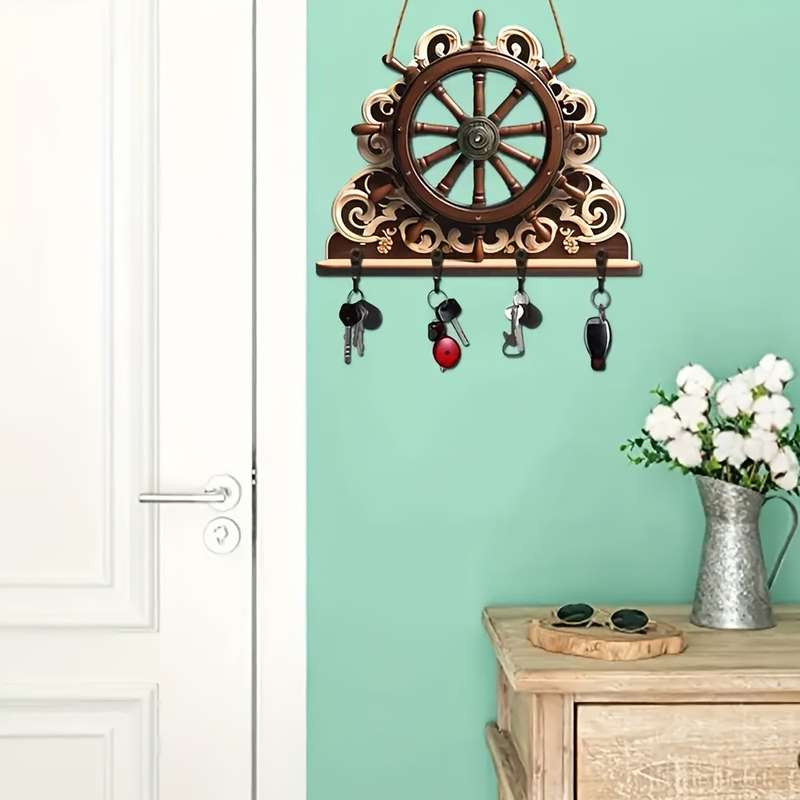 1pc Nautical Rudder Wall Key Holder with 4 Metal Hooks Manufactured Wood Hanging Storage General F