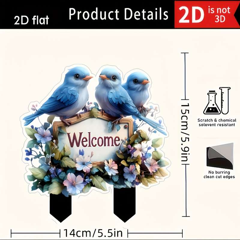 1pc 2D Flat  Charming Welcome Bird Garden Stake Durable Acrylic Waterproof Weatherproof Perfe