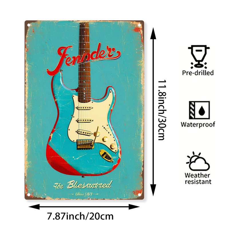 1pc 2D Flat  Vintage Fender Guitar Metal Wall Art 20.32x30.48 cm Retro Poster with Fender