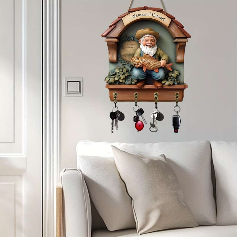 2D Flat 1pc Old Fisherman Holding Big Fish Simple Colorful Wooden Key Hanger for Home with Four M