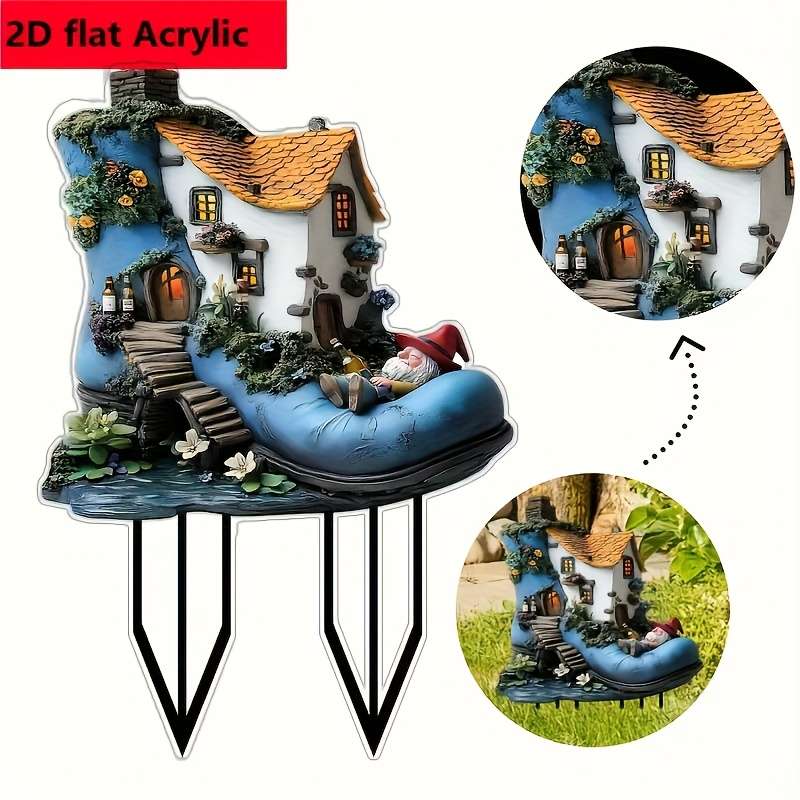 1pc 2D Flat One Piece of  Bohemian Dwarf House Acrylic Garden Plate Charming Outdoor Decoration fo