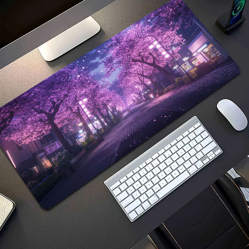 1pc 30x80cm Romantic Night Sakura Street Pattern Rubber Non-Slip Mouse Pad