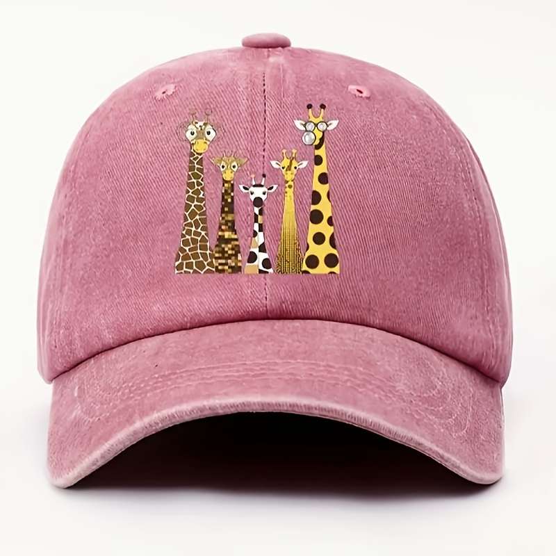 1pc Unisex Cotton Baseball Cap with Cartoon Giraffe Print Adjustable Washed Sun Hat Lightweig