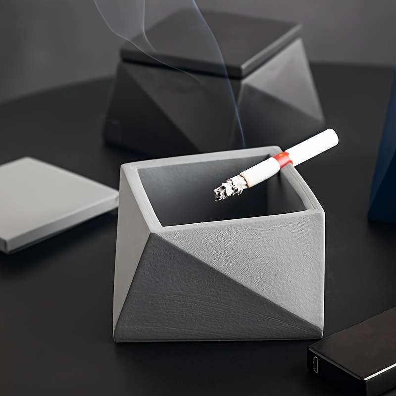 1pc Modern Geometric Stone Ashtray with Lid Light Blue Black Handcrafted Perfect for Indo