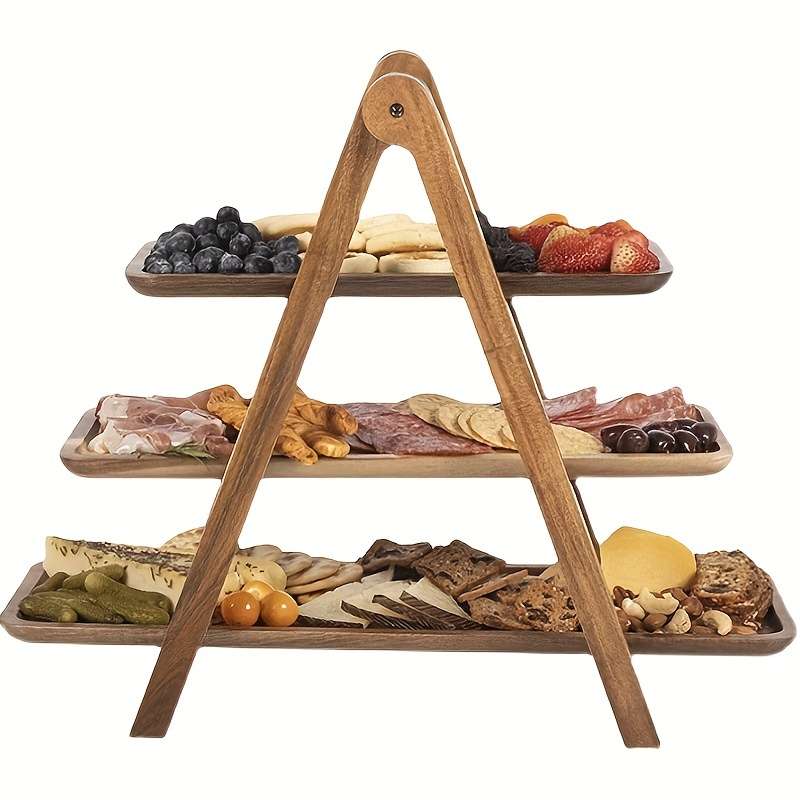 3-Tier Wooden Serving Tray Acacia Hardwood No Power Required Kitchen Organizer Buffet Displ